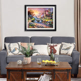 Diamond Painting DIY Kit,Full Drill, 50x40cm- Sunset, Birdge and Cottage