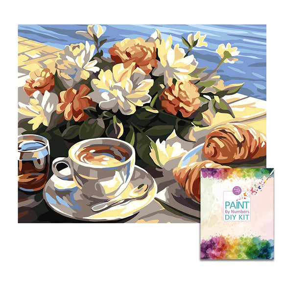 Easy Craft Paint by Number DIY Kit, 50x40cm- Croissant Flower and Tea