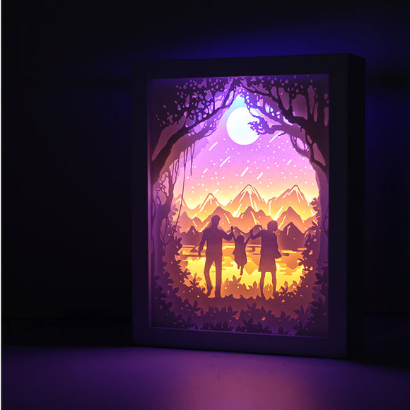 Fully Assembled 3D Paper Cutting Light Box, Wooden Frame (White) - Family with one kid