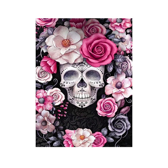 Easy Craft Diamond Painting DIY Kit, 40x30cm- Skull in Flower (New Tool Set)