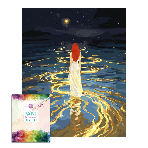 Easy Craft Paint by Number DIY Kit, 50x40cm- Moonlit Reflection on the Water(with Golden Paint)