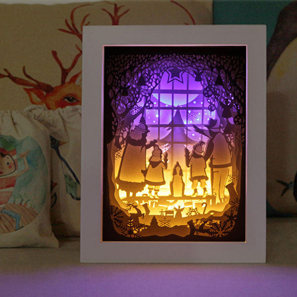 Fully Assembled 3D Paper Cutting Light Box, Wooden Frame(White) - Merry Christmas: Family