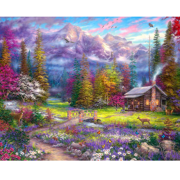 Diamond Painting DIY Kit,Full Drill, 50x40cm- Animals and Cabin in Woods