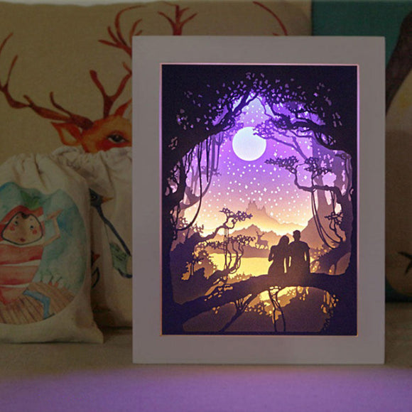 DIY 3D Paper Cutting Light Box, Wooden Frame (White) - Lover in the moon