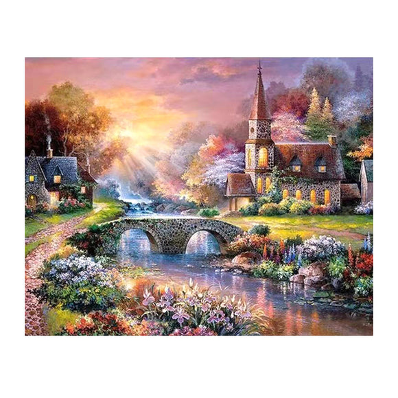 Diamond Painting DIY Kit,Full Drill, 50x40cm- Sunset, Birdge and Cottage