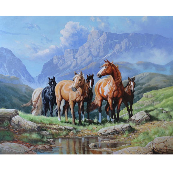Diamond Painting DIY Kit,Full Drill, 50x40cm- Horses and Mountains