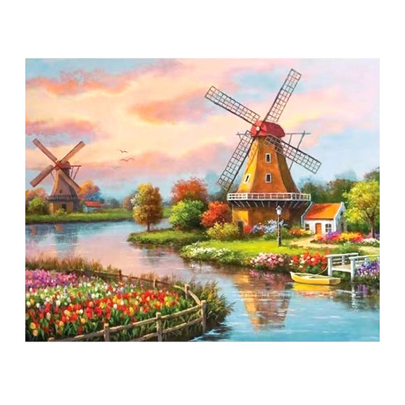 Diamond Painting DIY Kit,Full Drill, 50x40cm- Landscape Windmill