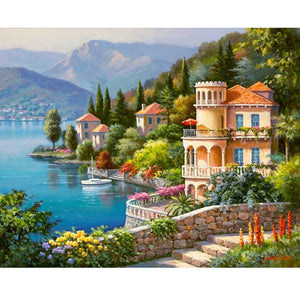 Diamond Painting DIY Kit,Full Drill, 50x40cm- Flowers and Seaside Town