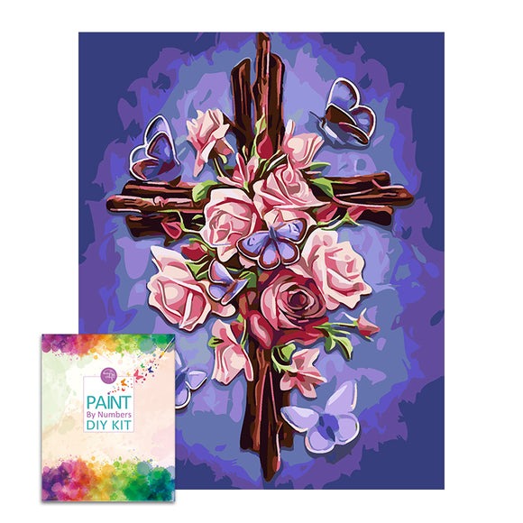 Easy Craft Paint by Number DIY Kit, 50x40cm- Flowers, Butterfly and Cross (New Tube)