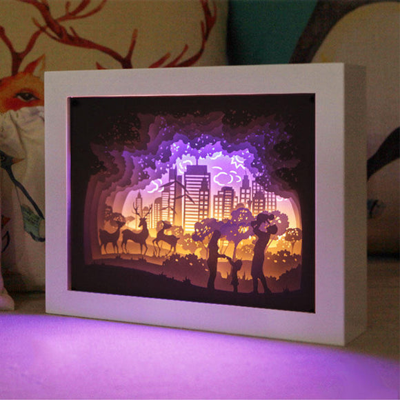 3D Paper Cutting Light Box, Wooden Frame (White) - Family with two kids