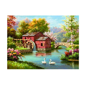 Diamond Painting DIY Kit,Full Drill, 40x30cm-Wooden Cabin, Lake & Swans