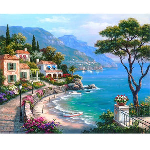 Diamond Painting DIY Kit,Full Drill, 50x40cm- Seaside Town and Tree  (New Tool Set)