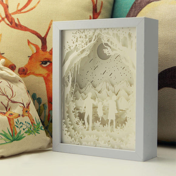 3D Paper Cutting Light Box, Wooden Frame (White) - Family with one kid